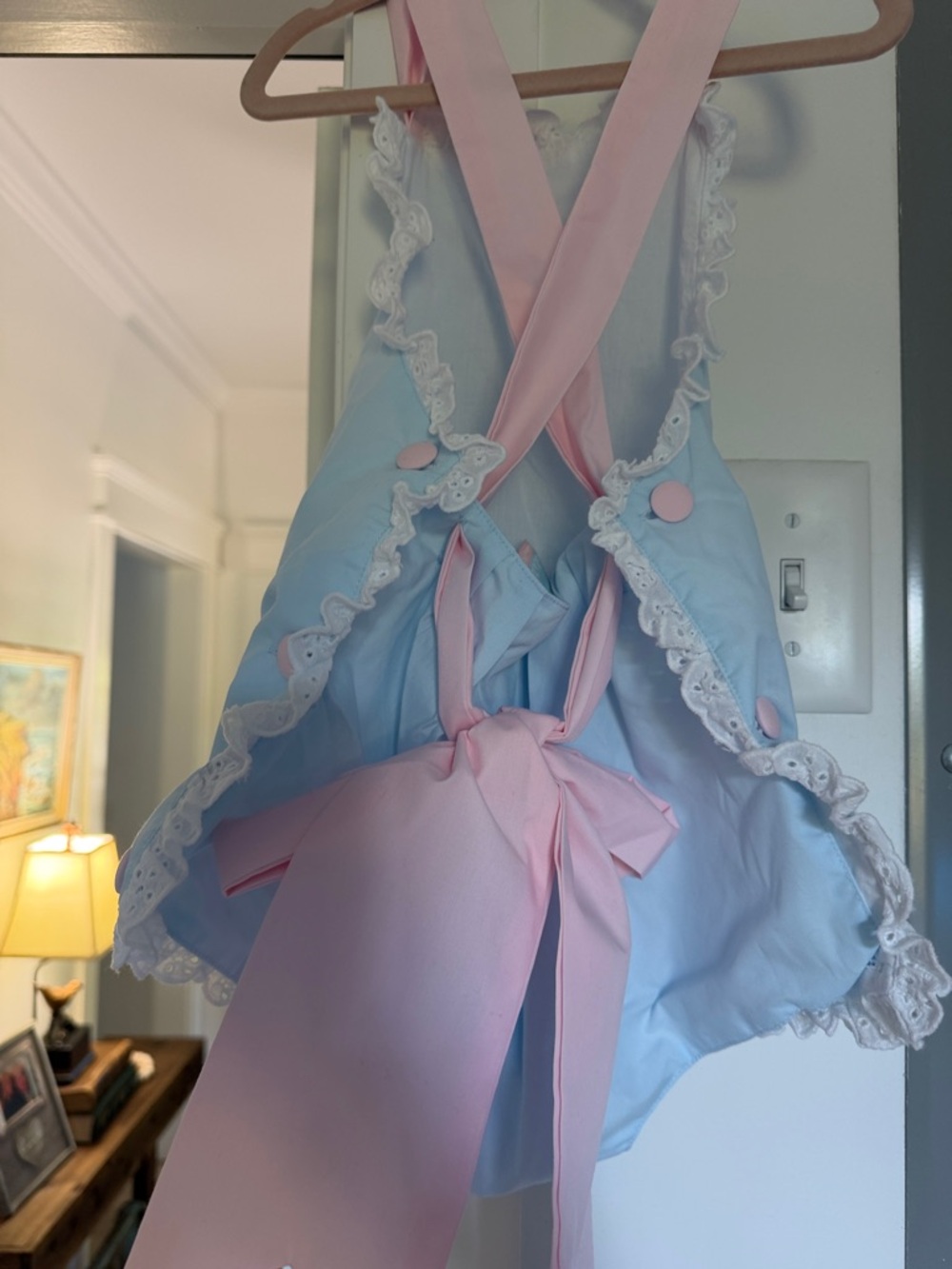 Size 4 Girl Blue and Pink Ruffle Romper Annie B, new without tags